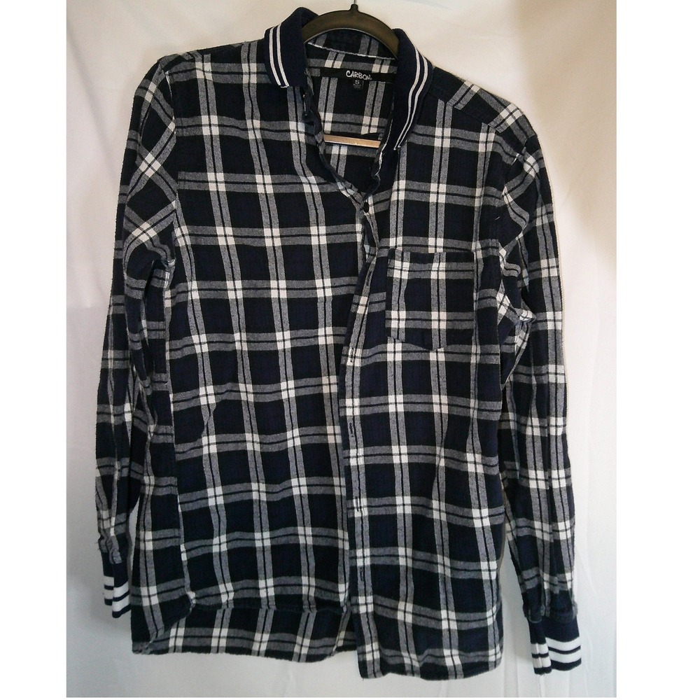 CARBON Plaid Flannel Long Sleeve Button‎ Up Shirt Men's Size S Navy Band Collar